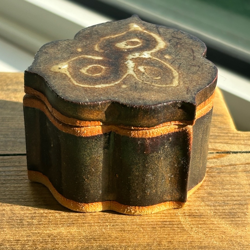 Unique Brown and Tan Decorative tiny trinket Box (clay/pottery) UNIQUE